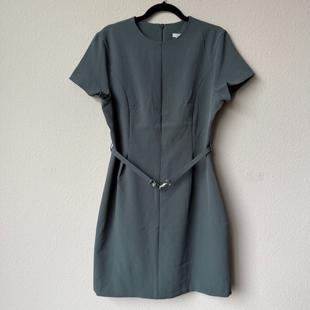 NWT H&M Dark Sage Green Belted Mini Sheath Dress Size M